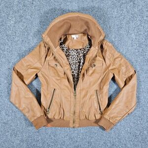 Bongo Faux Leather Jacket Women's Brown Moto Bomber Leopard Lined Sz Medium Flaw